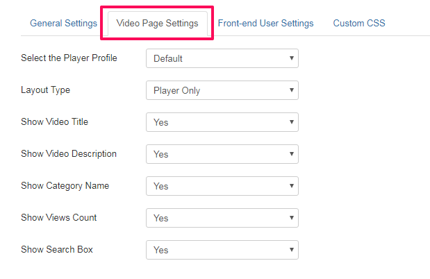 Video Page Settings